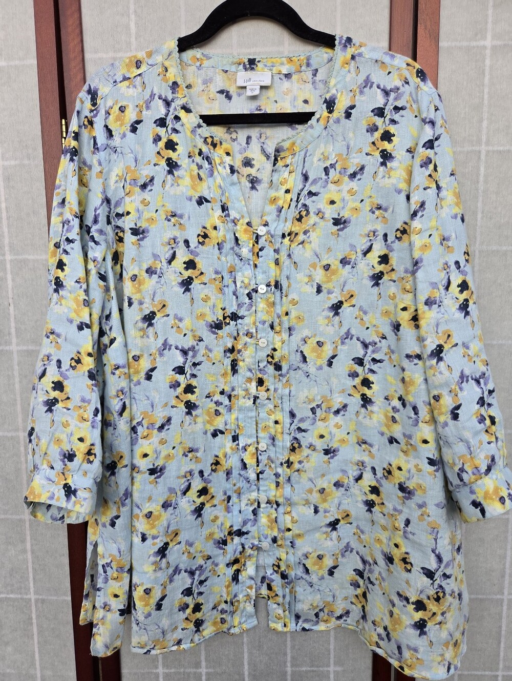 J.Jill Love Linen Floral Tunic Top XL Cottagecore Coastal Grandma Pintuck V-Neck